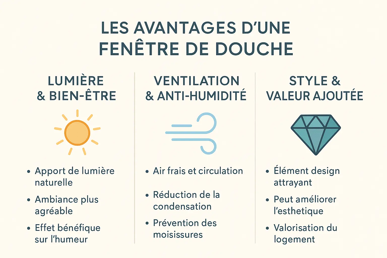 Illustration d'une fenêtre dans une douche avec vue sur l'extérieur
