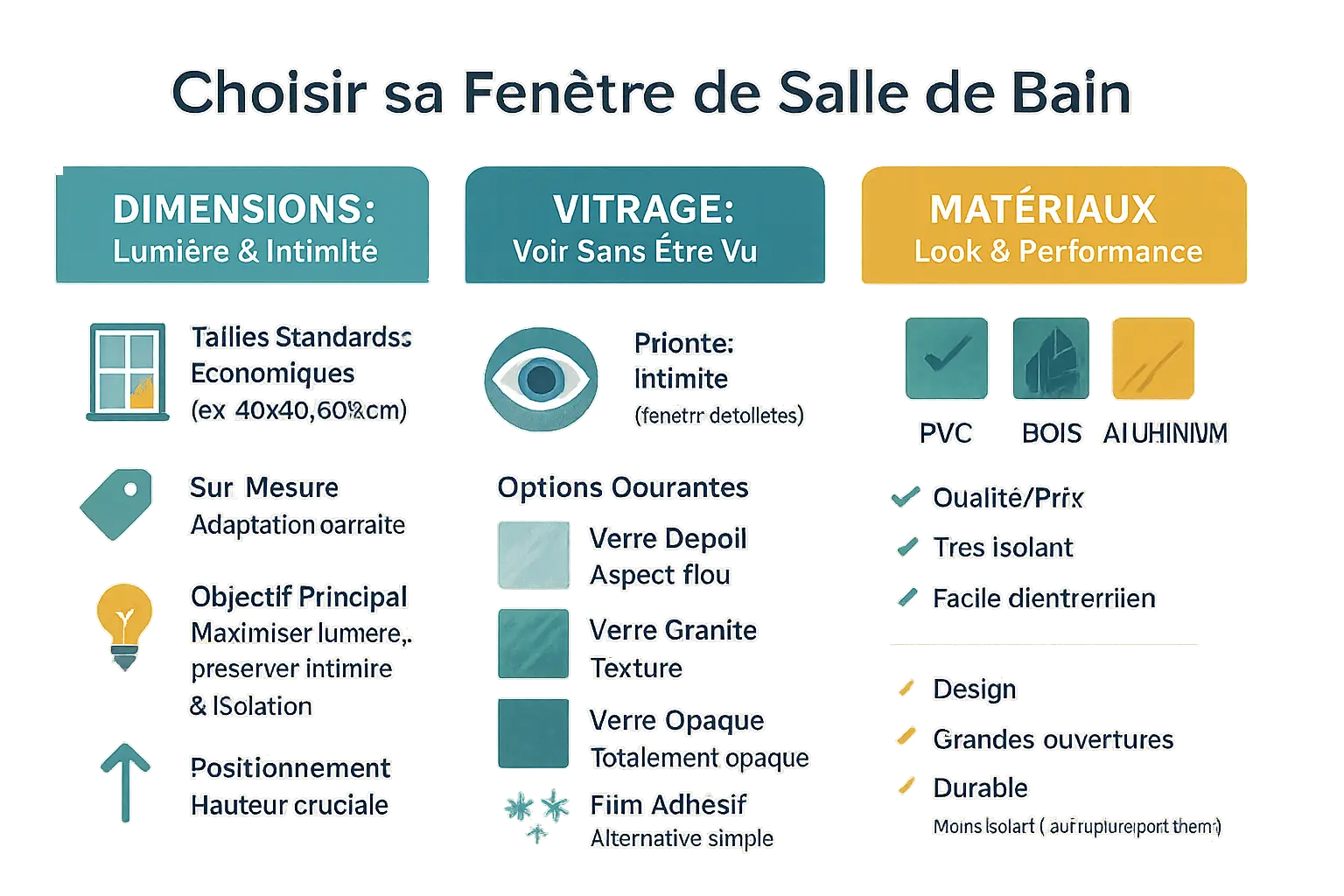 Illustration d'une fenêtre de WC avec différentes options de vitrage et matériaux