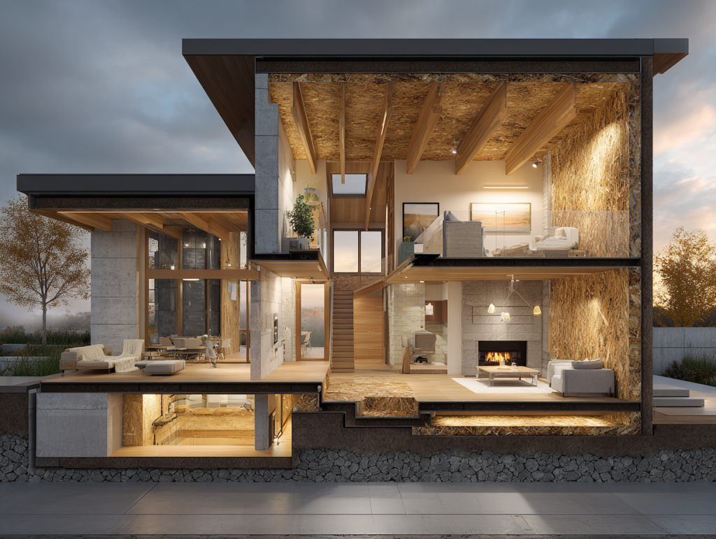 Coupe transversale d'une maison moderne et écologique exposant son isolation en laine de bois