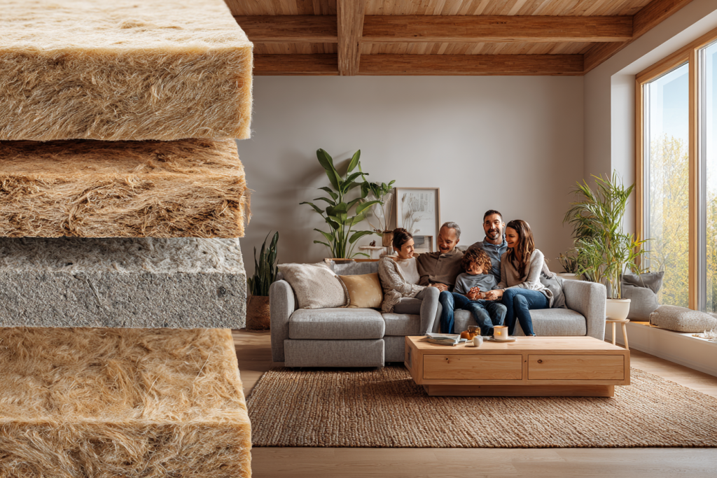 Salon moderne avec coupe transversale de mur montrant l'isolation en laine de bois pour un confort thermique optimal