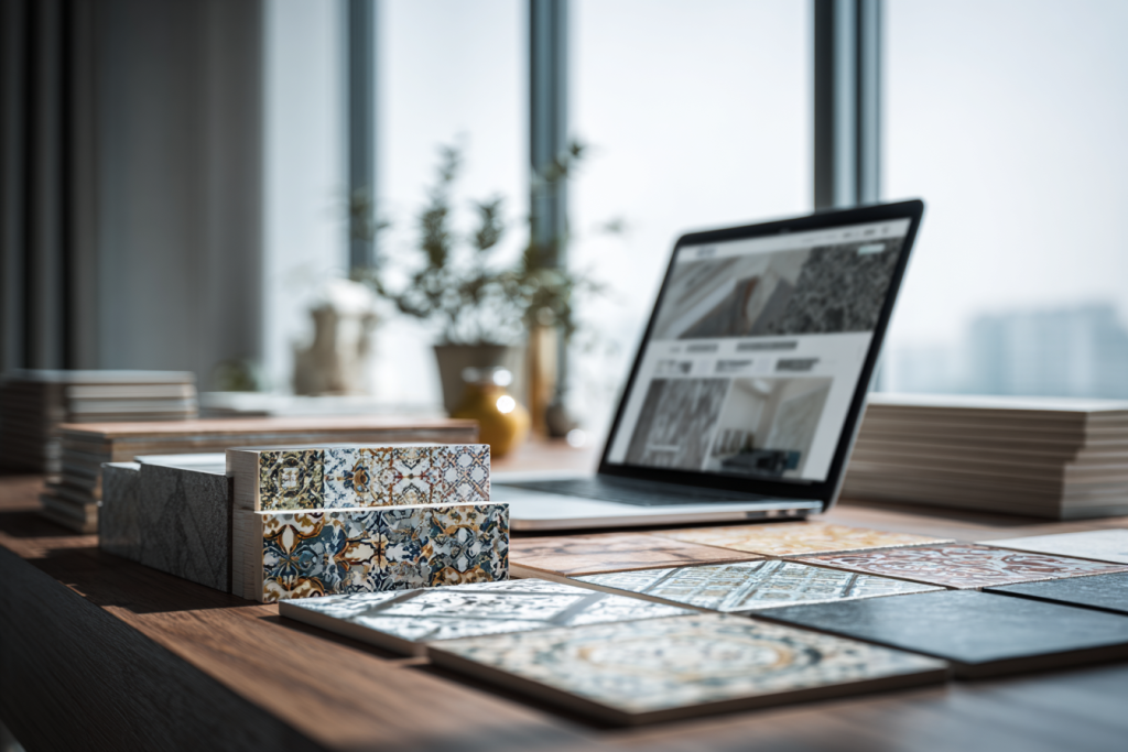 Interface site e-commerce aménagement avec échantillons carrelage et parquet pour rénovation maison