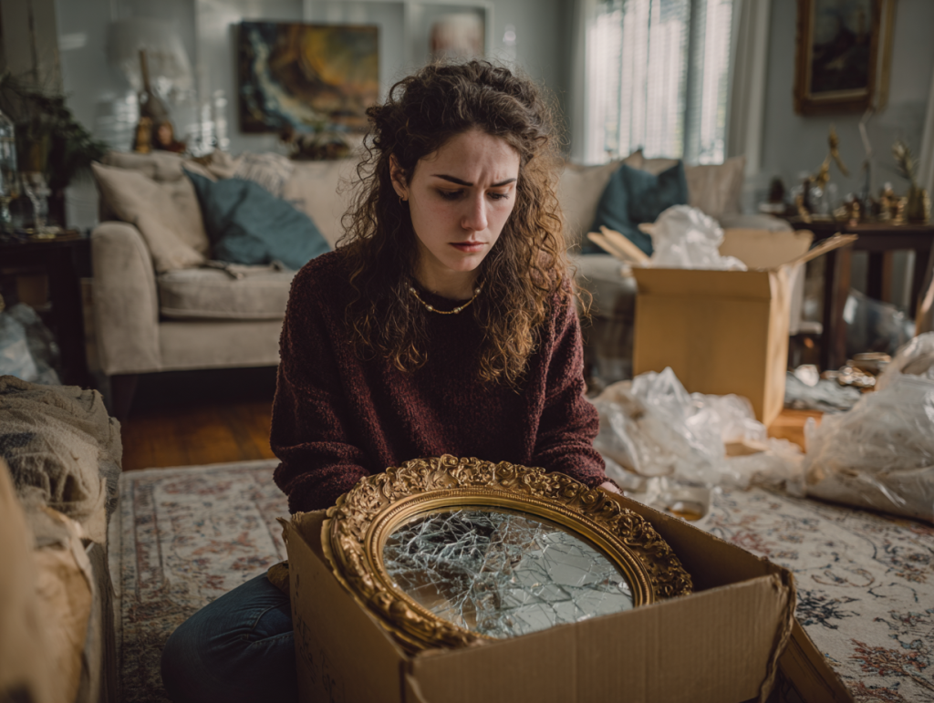 Femme ayant ouvert un colis et découvrant un miroir fissuré