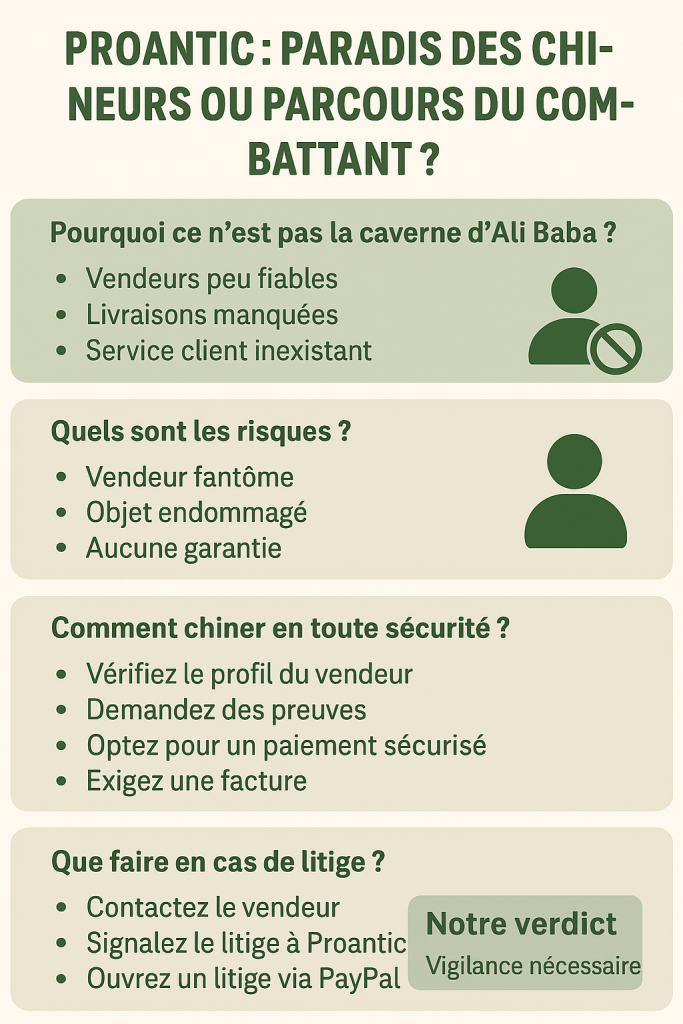 Infographie sur les avantages et inconvénients de Proantic, avec pictogrammes et texte simplifié