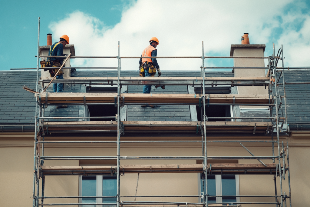 Ouvriers en train de rénover un toit