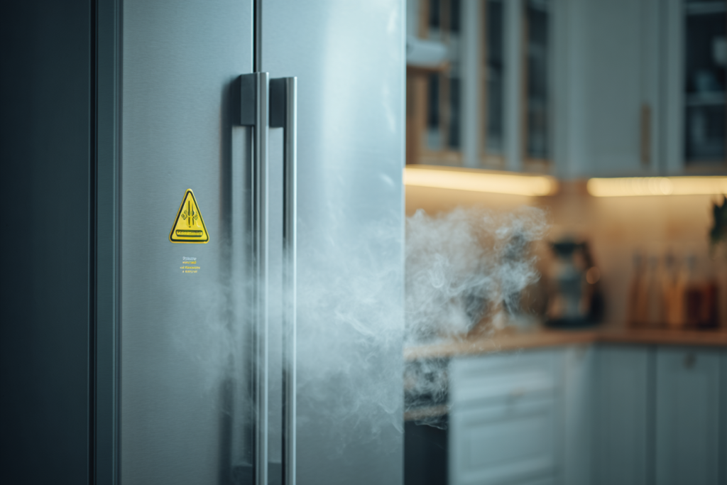 Frigo avec fuite de gaz, symbole de danger visible