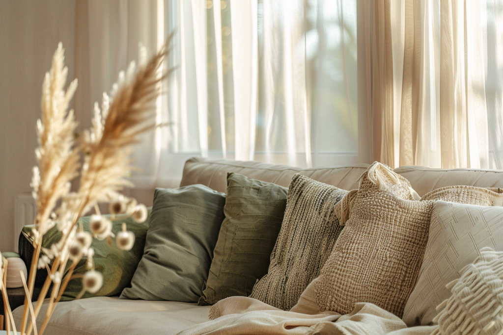 Intérieur moderne avec rideaux et décoration textile tendance