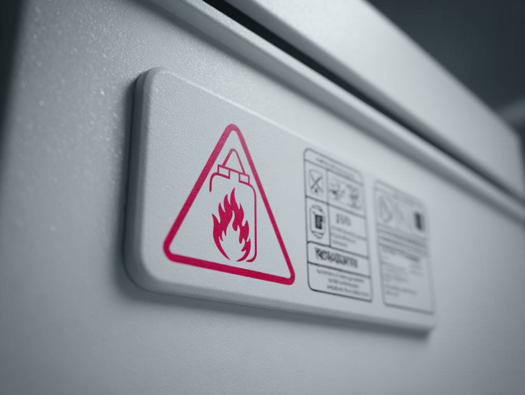 Gros plan sur l’étiquette d’un réfrigérateur indiquant le gaz R600a inflammable, avertissement de sécurité clair.