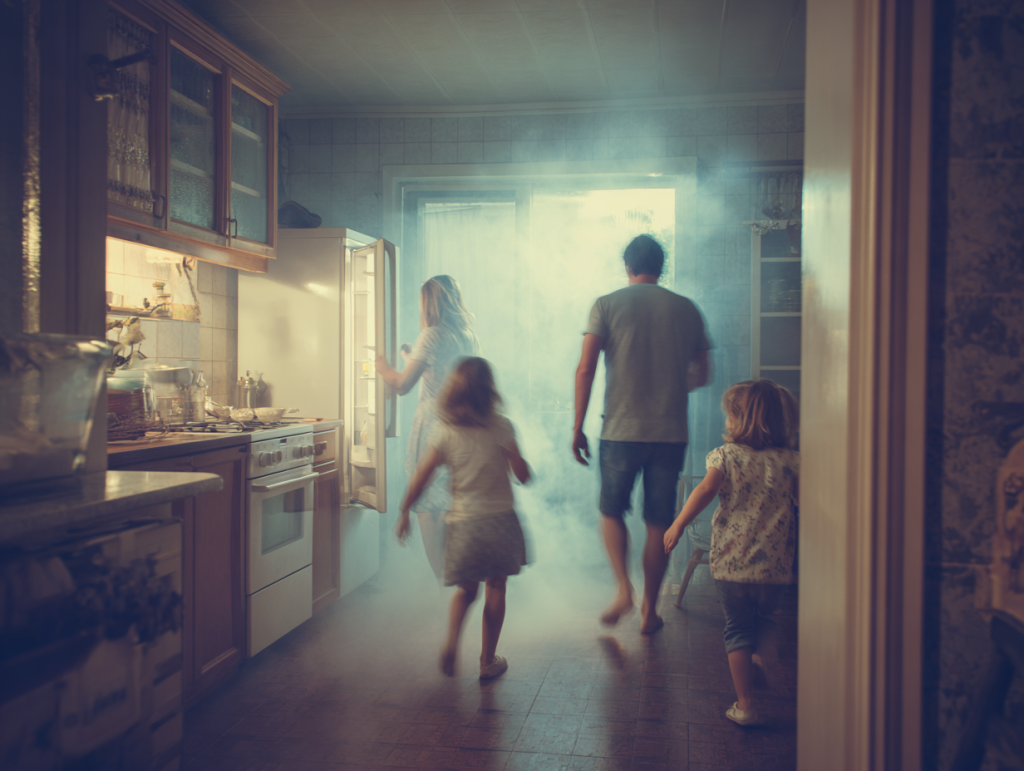 Famille ouvrant les fenêtres et quittant une cuisine après une fuite de gaz de frigo
