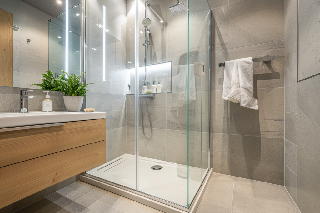 Douche Kinedo moderne avec cabine en verre et receveur extra-plat dans salle de bain design française