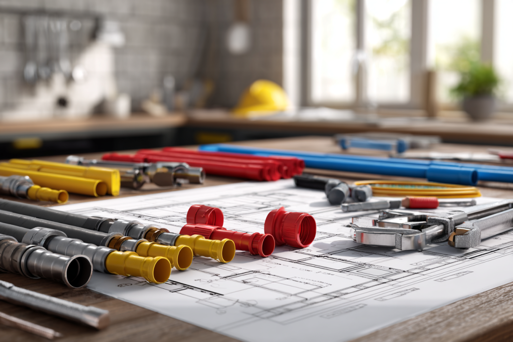Kit du plombier DIY avec tuyaux multicouches, raccords à clipser et outils de base disposés sur un établi pour installation sanitaire en autoconstruction