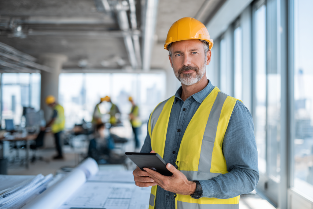 Chef de chantier BTP consultant le logiciel Myextrabat sur tablette pour gérer ses projets de construction et planifier ses équipes