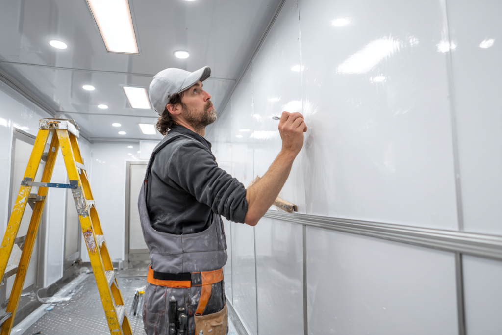 Installation lambris PVC Nelinkia mur cuisine professionnelle normes HACCP rénovation hygiénique