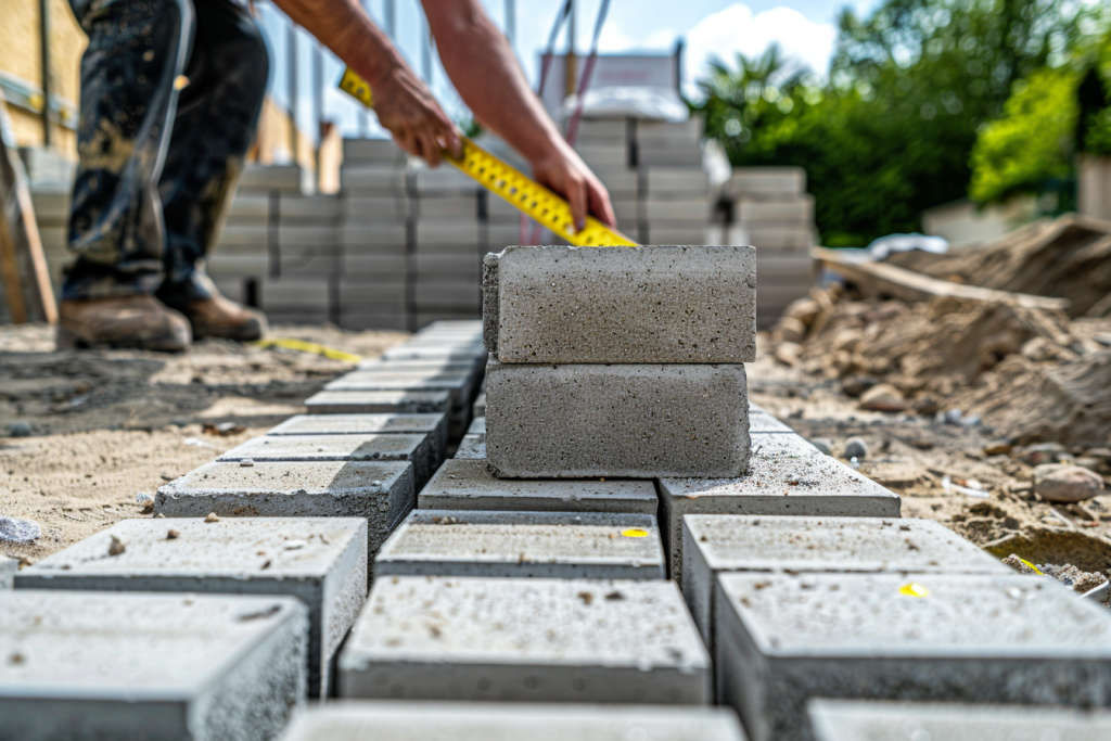 Parpaings de différentes dimensions empilés sur un chantier de construction avec outils de mesure - Guide dimensions 2025