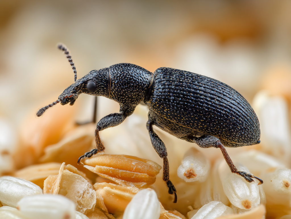 Charançon du blé dans les céréales - petit insecte noir ravageur des aliments secs et du riz
