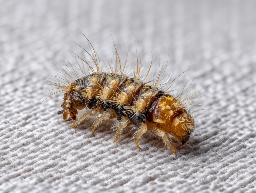 Larve d'anthrène poilue sur textile - responsable des trous dans les vêtements en laine et tapis