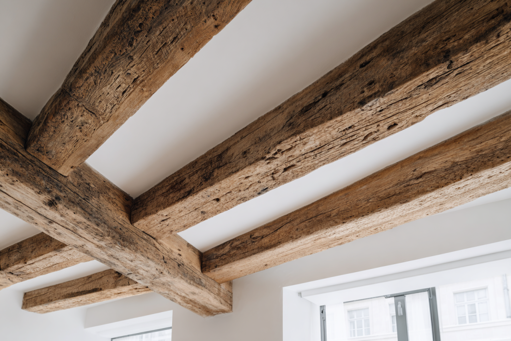 Plafond poutres anciennes apparentes rénové placo blanc style scandinave salon moderne rustique