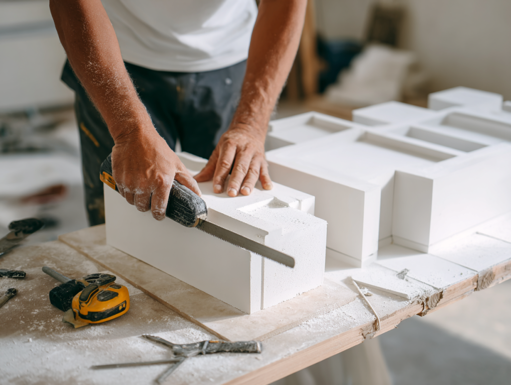 Construction meuble salle de bain en béton cellulaire - Découpe et assemblage blocs Siporex DIY