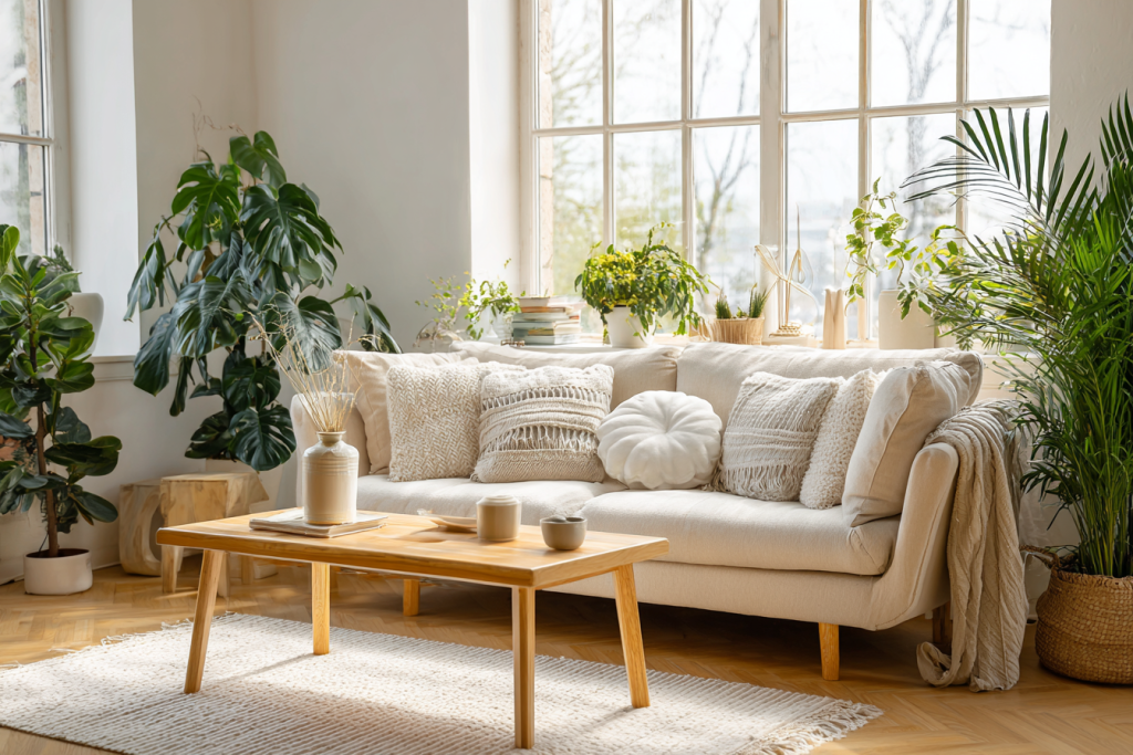 Salon moderne avec mobilier tendance style de décoration scandinave
