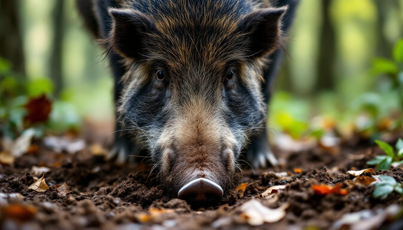 Sanglier reniflant er le sol terreux d'une forêt