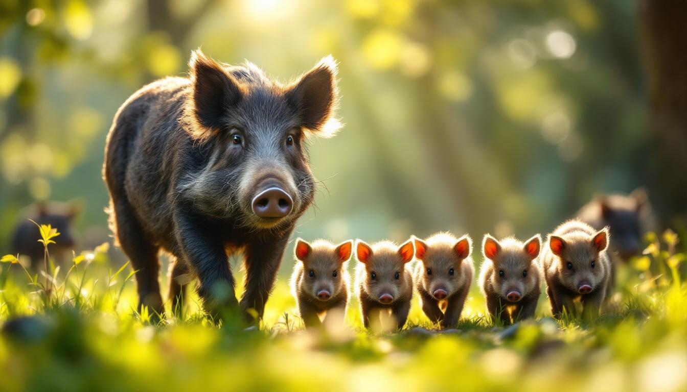 Sanglier et ses petits (marcassins)