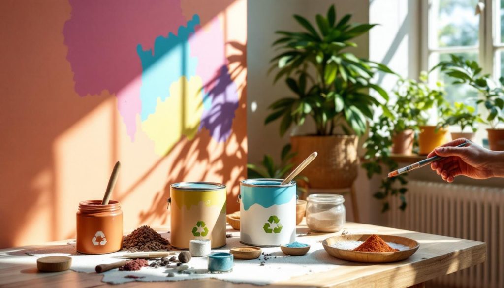 Pots de peinture éco-responsable disposés dans une pièce ensoleillée et colorée