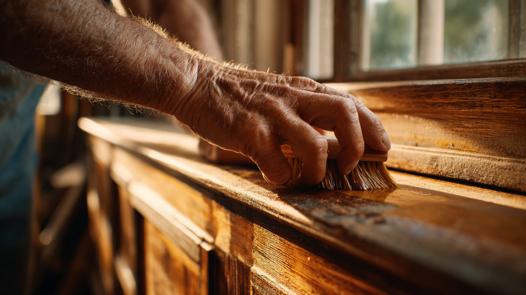 huile de lin appliquée sur meuble en bois à l'aide d'une brosse