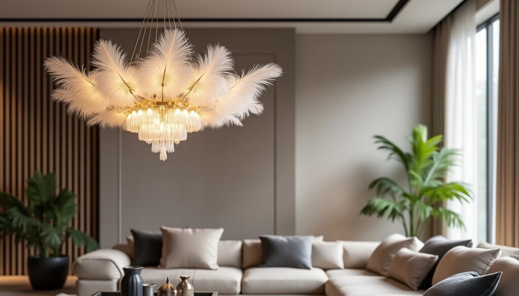apportez une touche de légèreté et d'élégance à votre intérieur avec notre lustre plume au design raffiné, idéal pour sublimer votre décoration.